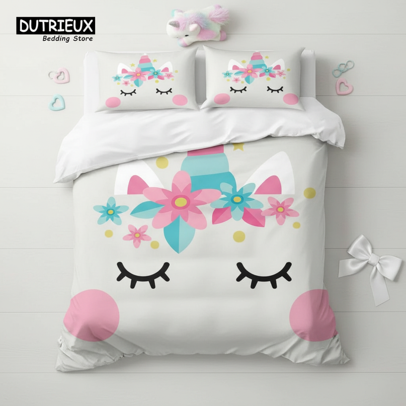 kawaii unicorn face bedding - flat-lay