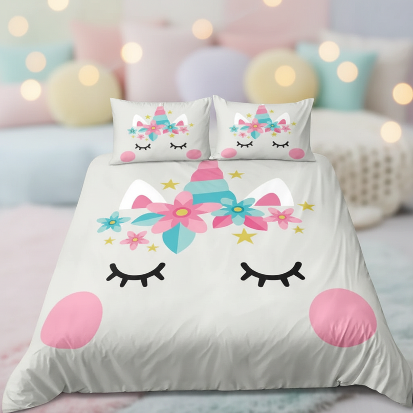 kawaii unicorn face bedding - lifestyle