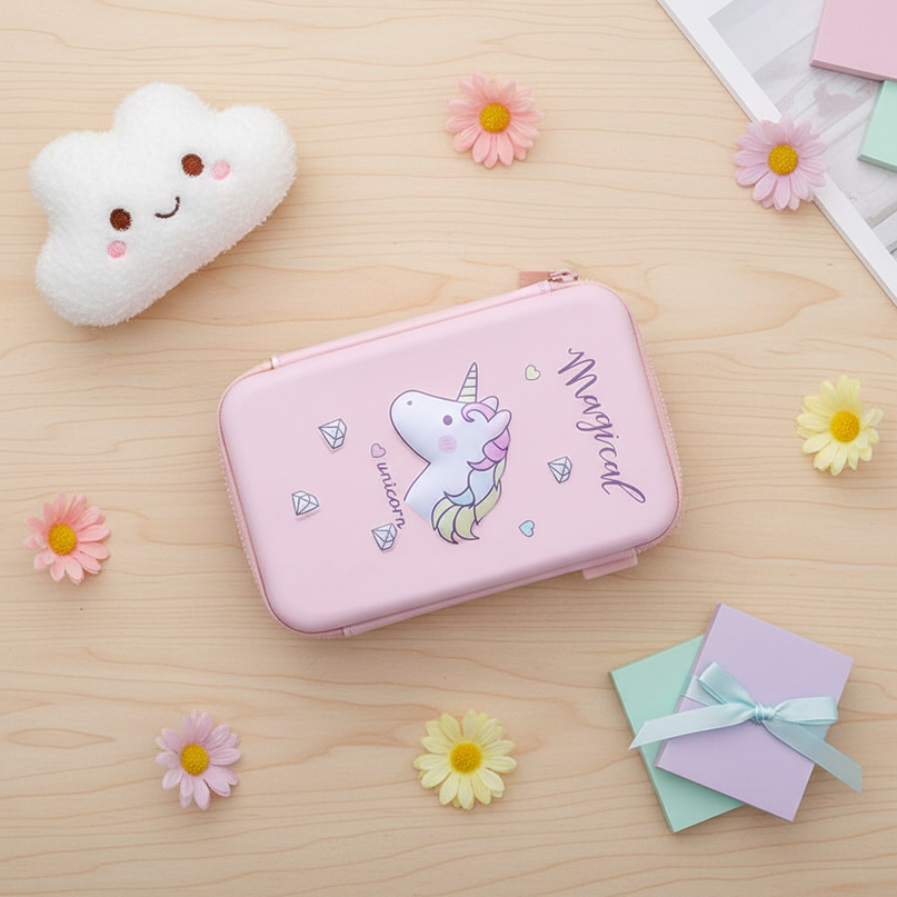 kawaii unicorn pencil case - flat-lay
