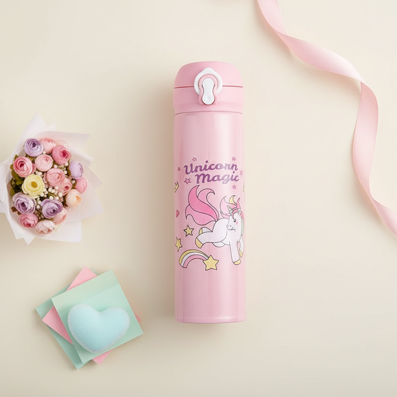 kawaii unicorn water bottle - flat-lay