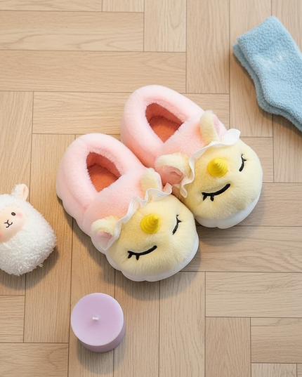 kids big unicorn slippers - flat-lay