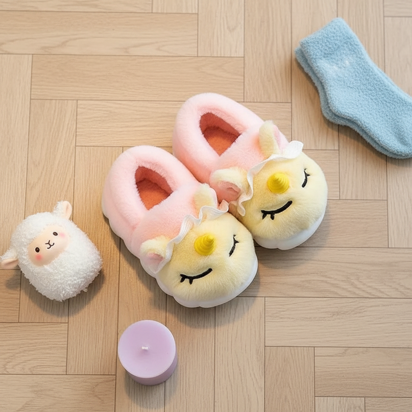 kids big unicorn slippers - flat-lay