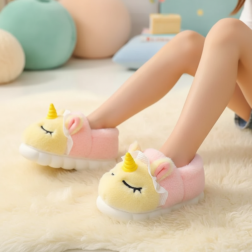 kids big unicorn slippers - in-use