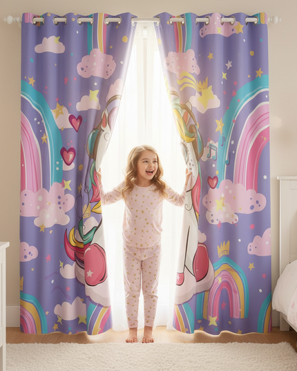 kids unicorn curtains - in-use
