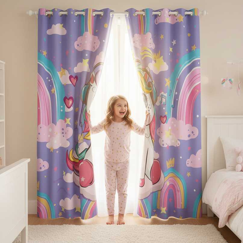 kids unicorn curtains - in-use