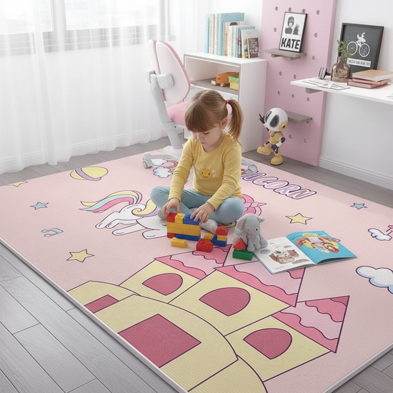 kids unicorn rug - in-use