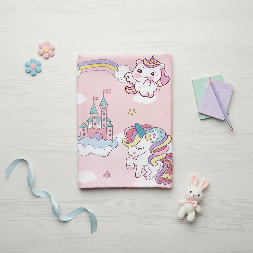 kids unicorn shower curtain - flat-lay