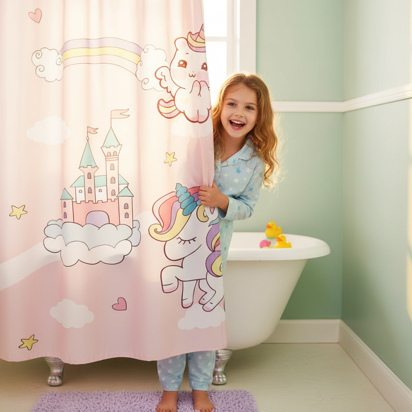 kids unicorn shower curtain - in-use