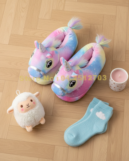 kids unicorn slippers led - flat-lay