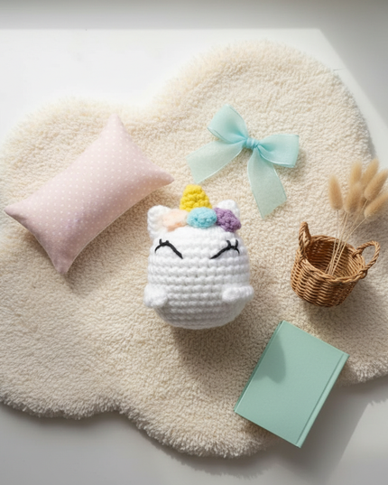 knitted unicorn stuffed animal - flat-lay