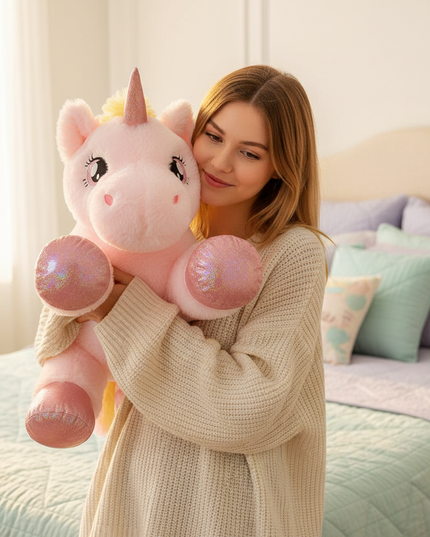 large rainbow unicorn plush doll - in-use