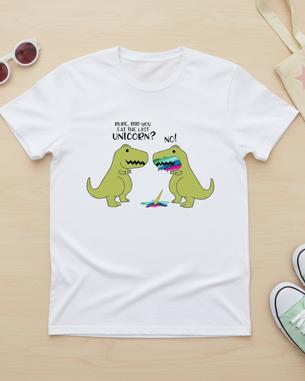 last unicorn dinosaur shirt - flat-lay