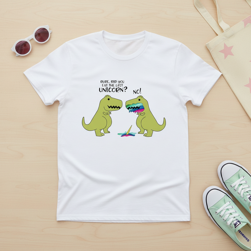 last unicorn dinosaur shirt - flat-lay