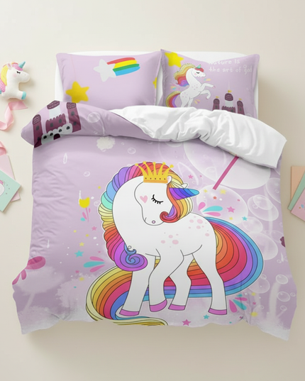 lavender castle crown unicorn bedding - flat-lay