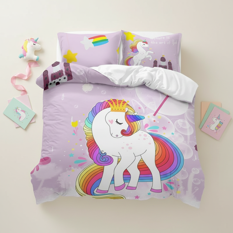 lavender castle crown unicorn bedding - flat-lay