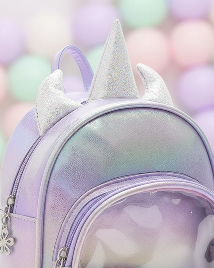lavender iridescent unicorn backpack - detail