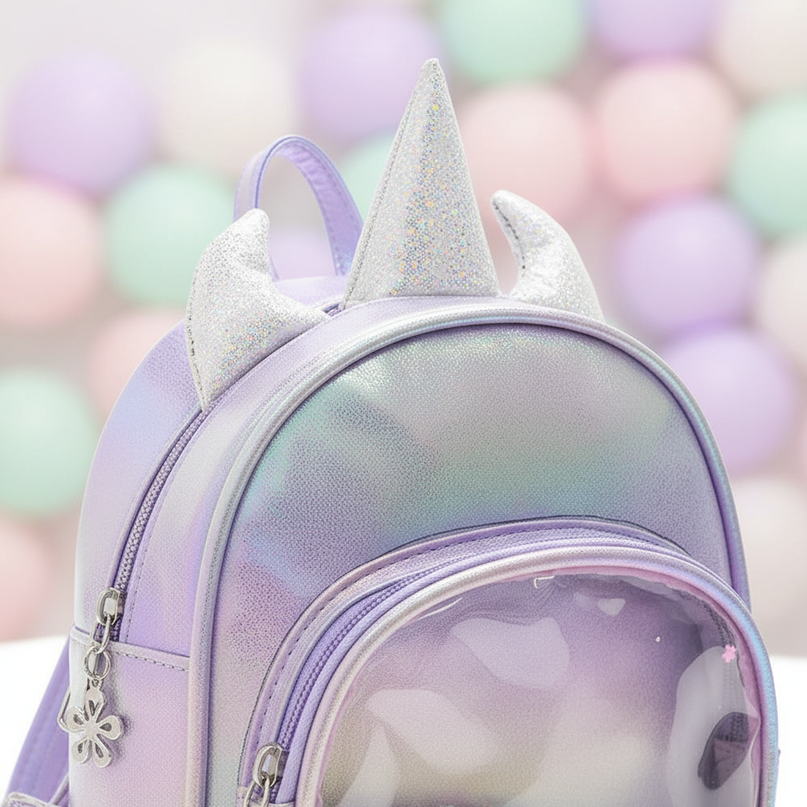 lavender iridescent unicorn backpack - detail
