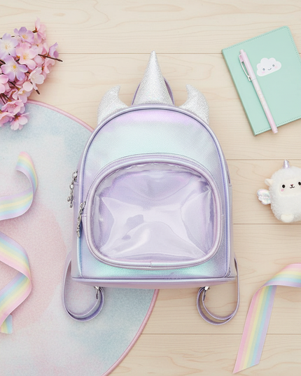 lavender iridescent unicorn backpack - flat-lay