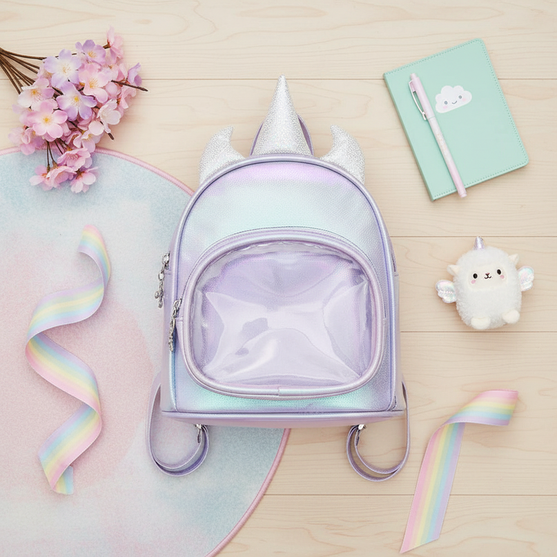 lavender iridescent unicorn backpack - flat-lay
