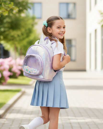 lavender iridescent unicorn backpack - in-use