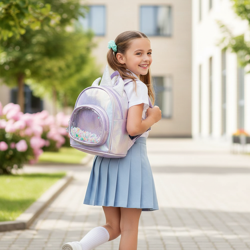 lavender iridescent unicorn backpack - in-use