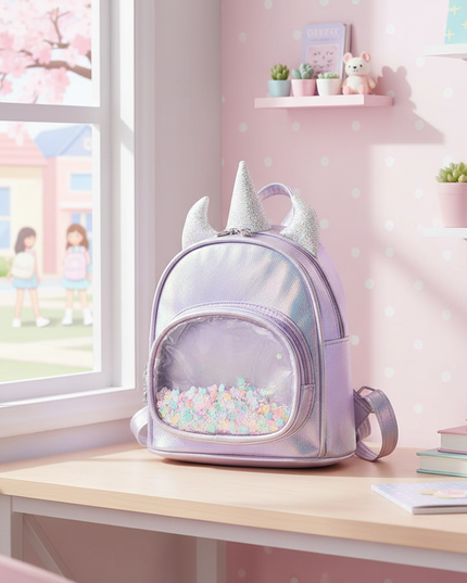 lavender iridescent unicorn backpack - lifestyle