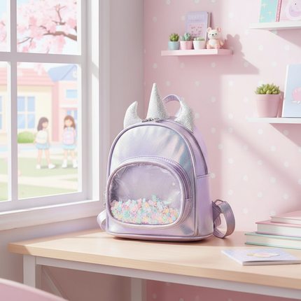 lavender iridescent unicorn backpack - lifestyle