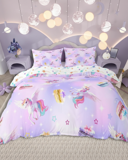 lavender macaron pegasus bedding - lifestyle
