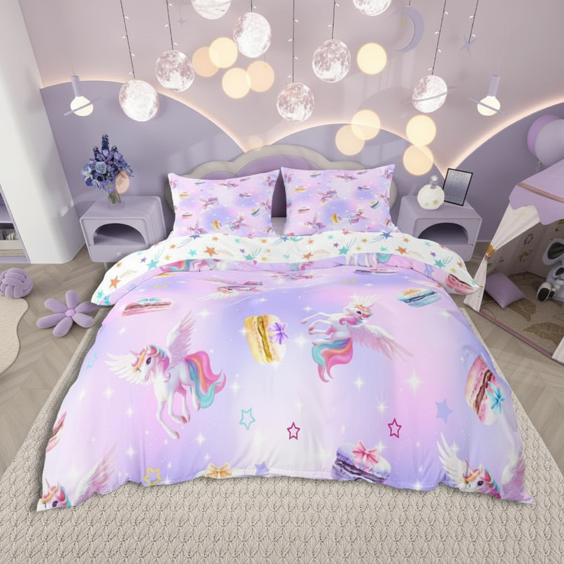 lavender macaron pegasus bedding - lifestyle
