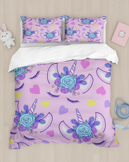lavender peacock allover unicorn bedding - flat-lay