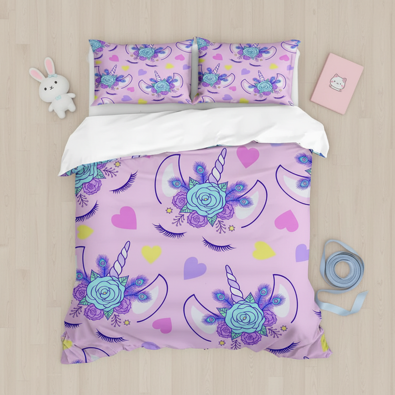 lavender peacock allover unicorn bedding - flat-lay