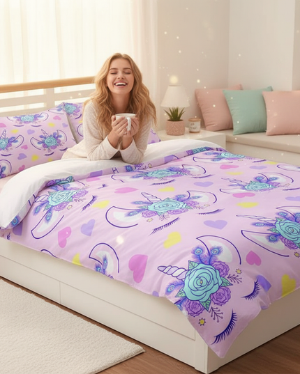 lavender peacock allover unicorn bedding - in-use