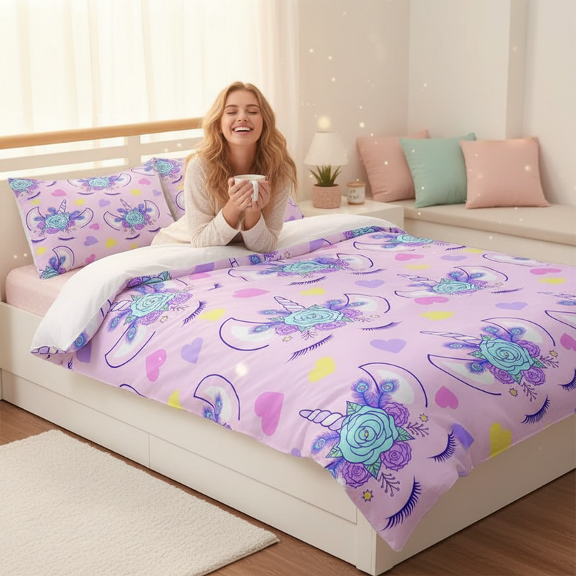 lavender peacock allover unicorn bedding - in-use