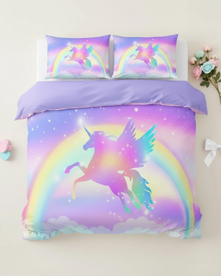 lavender pegasus silhouette bedding - flat-lay