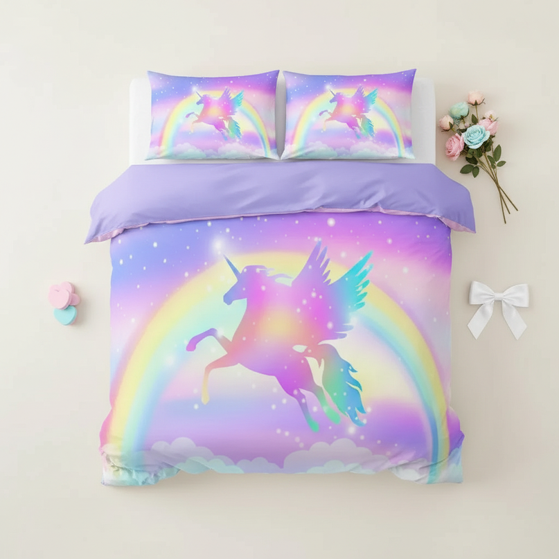 lavender pegasus silhouette bedding - flat-lay