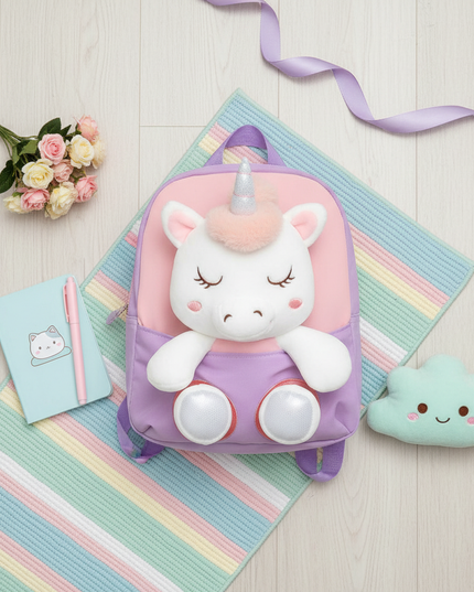 lavender plush unicorn backpack - flat-lay