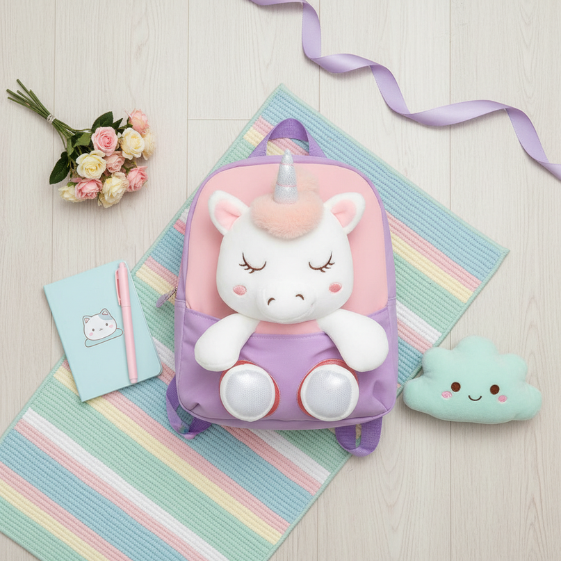 lavender plush unicorn backpack - flat-lay