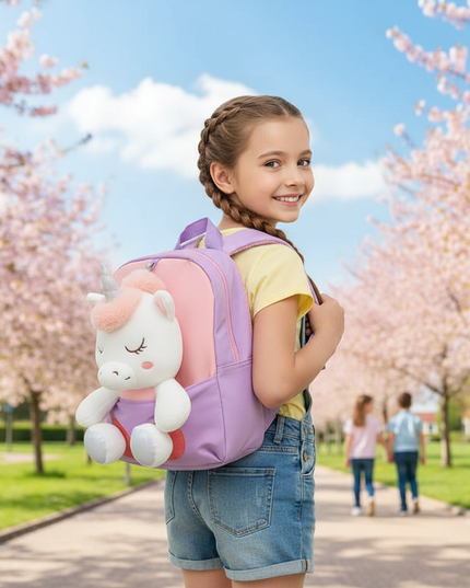 lavender plush unicorn backpack - in-use