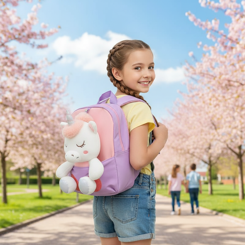 lavender plush unicorn backpack - in-use