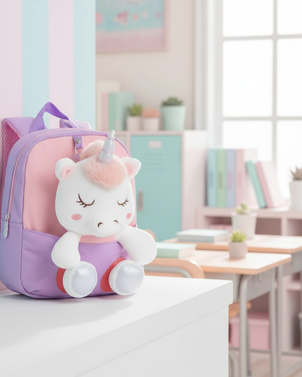 lavender plush unicorn backpack - lifestyle