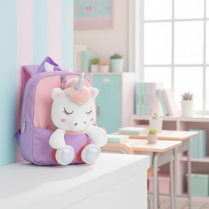 lavender plush unicorn backpack - lifestyle