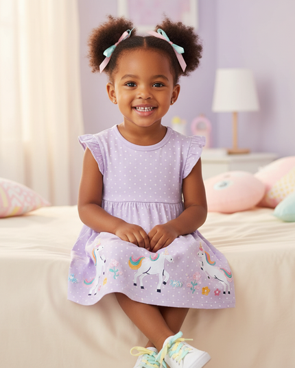 lavender unicorn applique dress - sitting