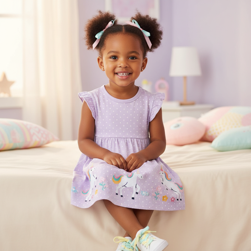 lavender unicorn applique dress - sitting