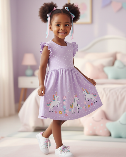 lavender unicorn applique dress - three-quarter