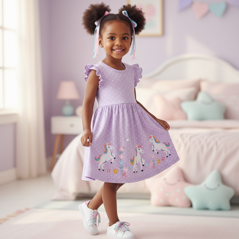 lavender unicorn applique dress - three-quarter