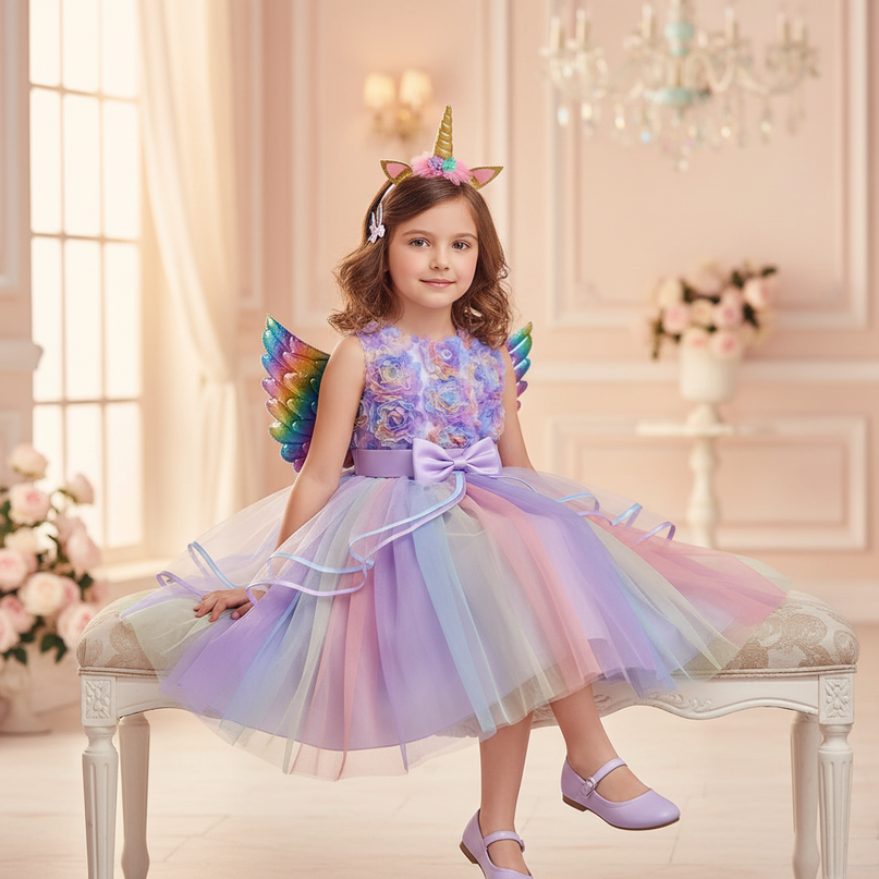lavender unicorn ball gown dress with wings - sitting