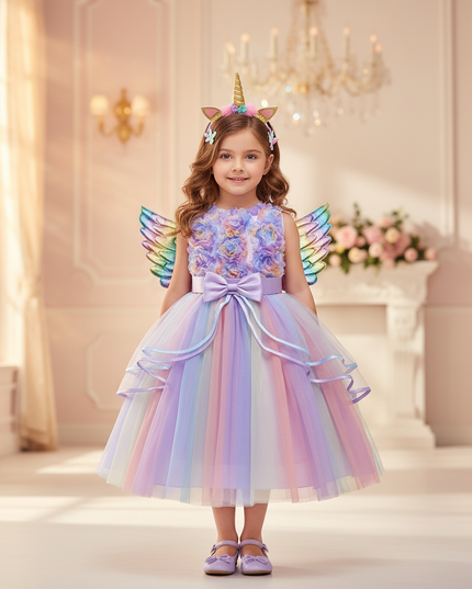 lavender unicorn ball gown dress with wings - three-quarter