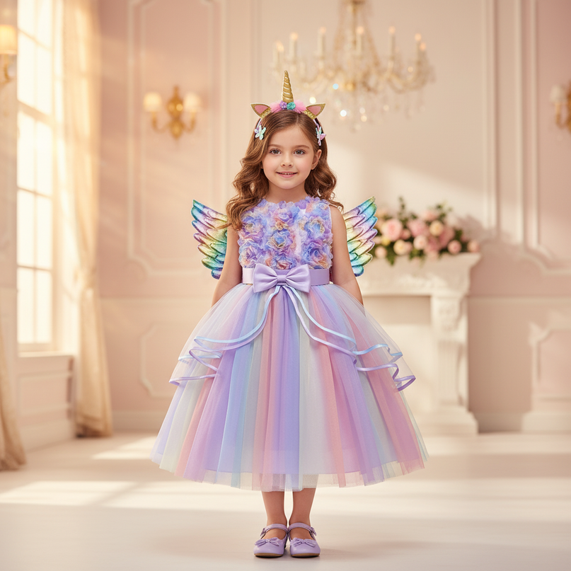 lavender unicorn ball gown dress with wings - three-quarter