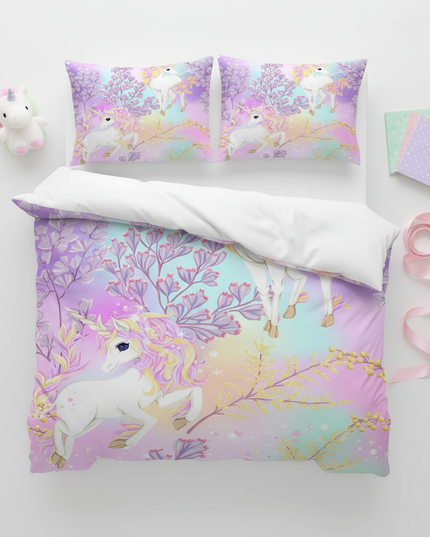 lavender unicorn bedding - flat-lay
