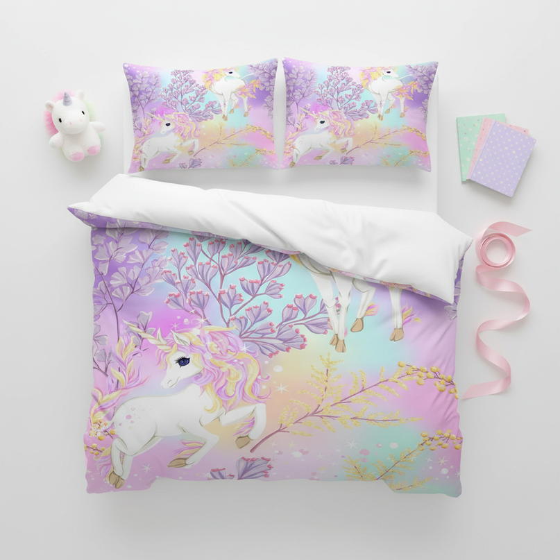 lavender unicorn bedding - flat-lay